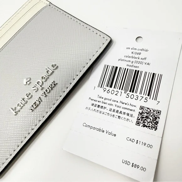 Kate Spade Madison Colorblock Saffiano Leather Slim Cardholder Cream/Plat. Gray - Picture 7 of 15